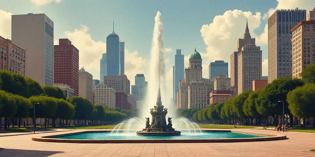 a fountain in the middle of a city with skyscrapers in the background and a sky scraper in the foreg