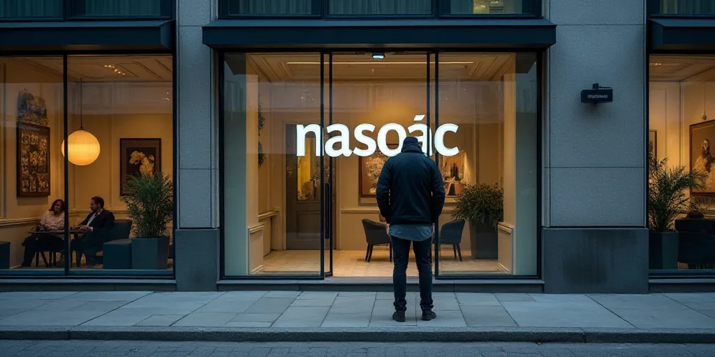 a glass door with the words nasoac on it and a man standing in front of it in a city, Andries Stock,
