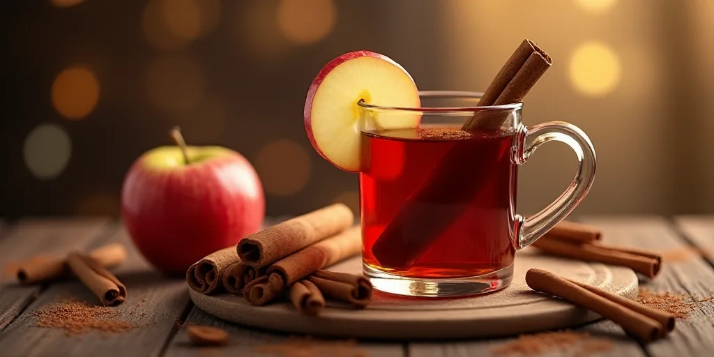 a glass of mulled with cinnamon and an apple on a table with cinnamon sticks and cinnamon sticks aro