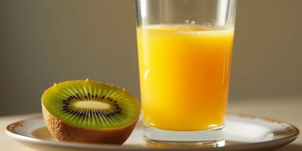 a glass of orange juice next to a glass of orange juice and a half of a kiwi on a plate, Afewerk Tek