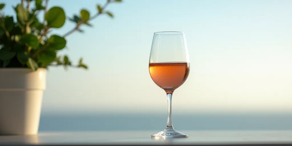 a glass of wine sitting on top of a table next to a plant with leaves on it and a sky background, Fl