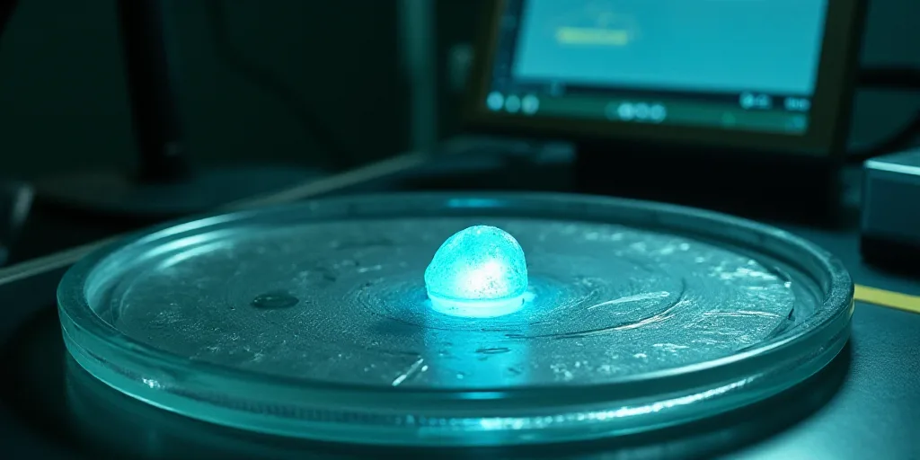 a glass plate with a small light inside of it on a table top with a machine in the background, Clair
