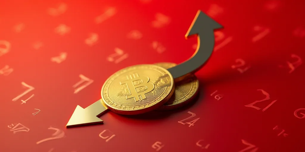 a gold and silver coin with an arrow pointing up to it on a red background with numbers and arrows,