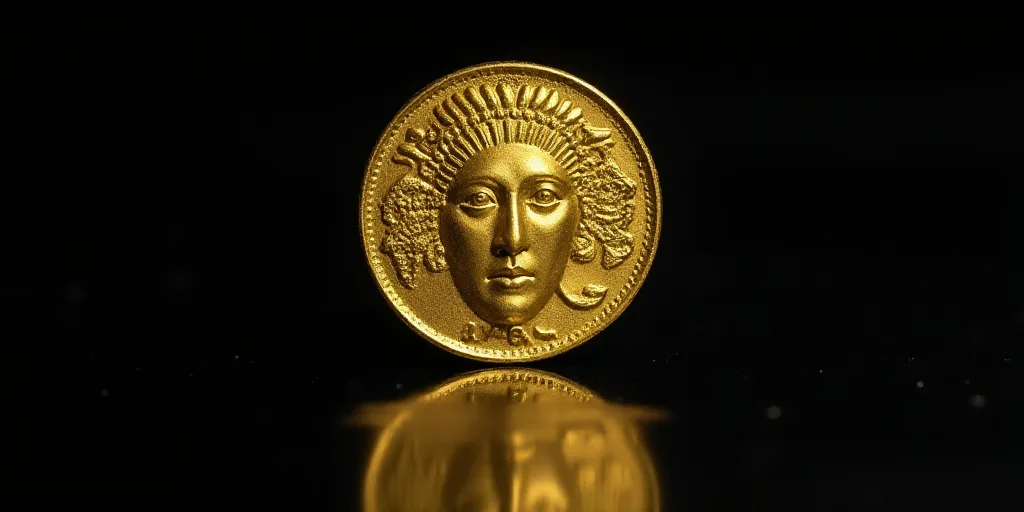 a gold coin with a face on it and a black background with a reflection of the coin in the middle, Aq