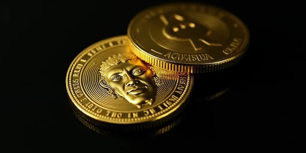 a gold coin with a face on it and a black background with a shadow of a person's head, Aquirax Uno,