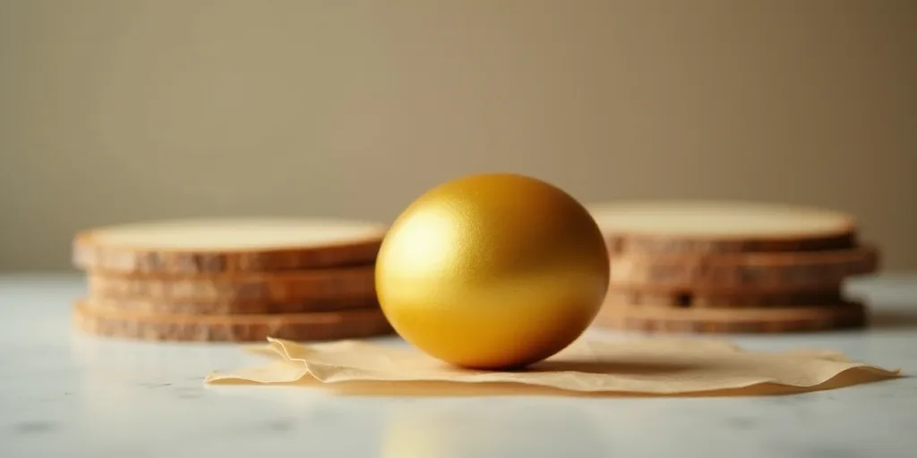 a golden egg sitting next to a stack of wooden slices and pieces of paper on a table top with a blur
