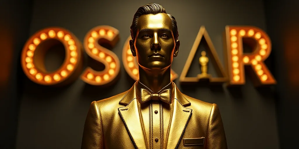 a golden statue of a man with a golden suit on and a oscar sign behind it that says oscar, Edward Ge