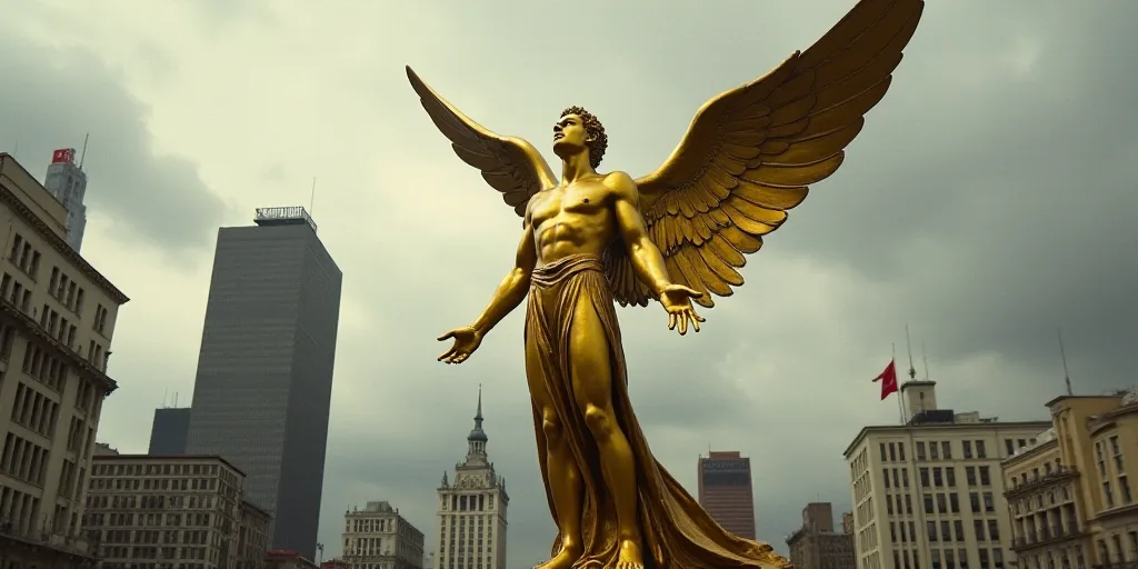 a golden statue of an angel in a city with tall buildings in the background and a cloudy sky in the
