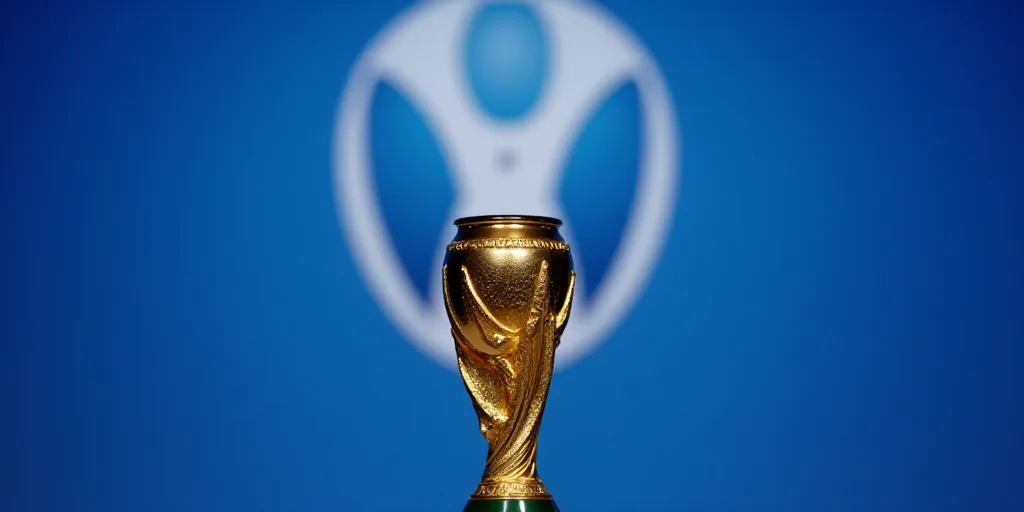 a golden trophy is shown in front of a blue background with a white logo behind it and a blue backgr
