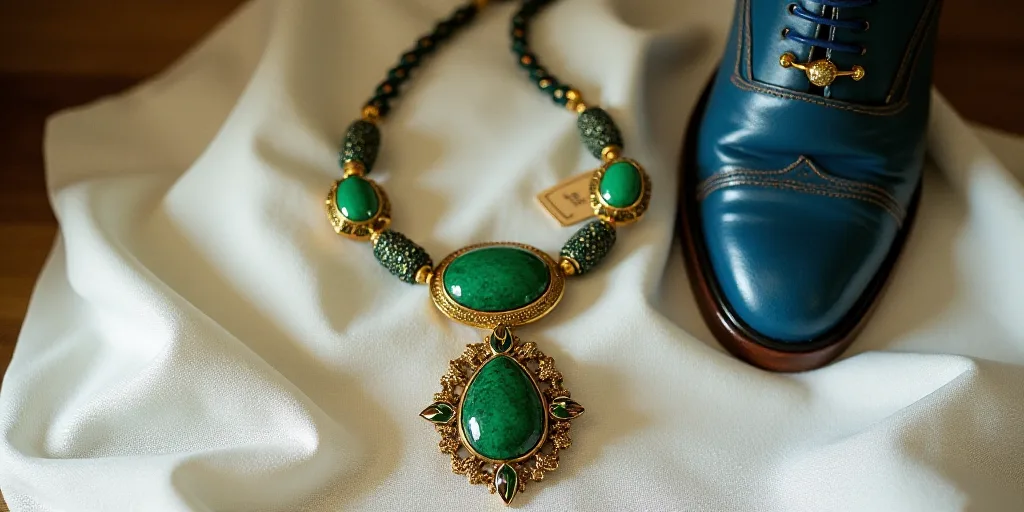 a green and gold necklace and a blue shoe on a white cloth with a tag on it and a blue shoe, Evert C