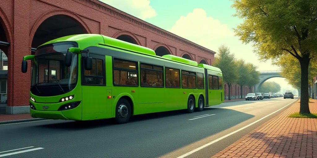 a green bus is driving down the street near a brick wall and arches on a brick wall and a brick walk