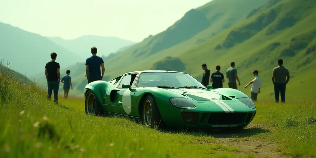 a green car that is sitting in the grass near a hill side with people standing around it and a man s