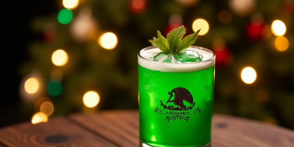 a green drink with a mexican decoration on it and a christmas tree in the background with lights on