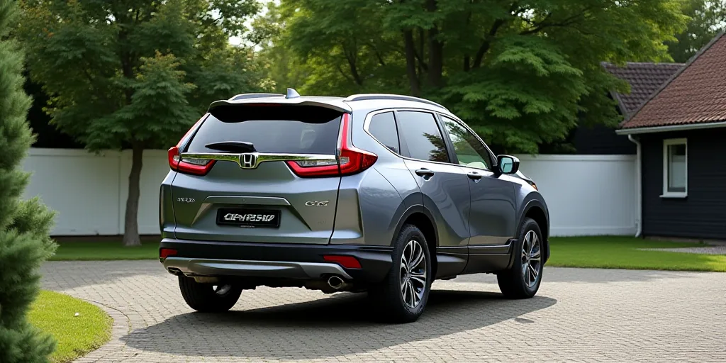 a grey honda cr - v parked in a driveway next to a house and trees in the background with a white fe