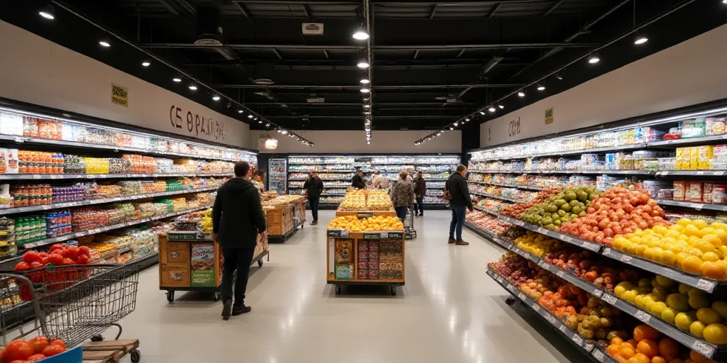 a grocery store with a large display of food and drinks in it's aisles and people shopping in the ai