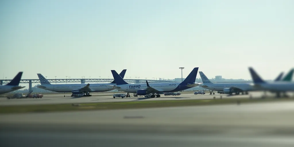 a group of airplanes parked on a runway at an airport with a bridge in the background in the backgro