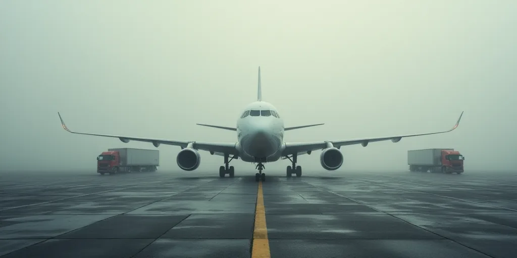 a group of airplanes sitting on top of an airport runway in the foggy day time, with trucks driving