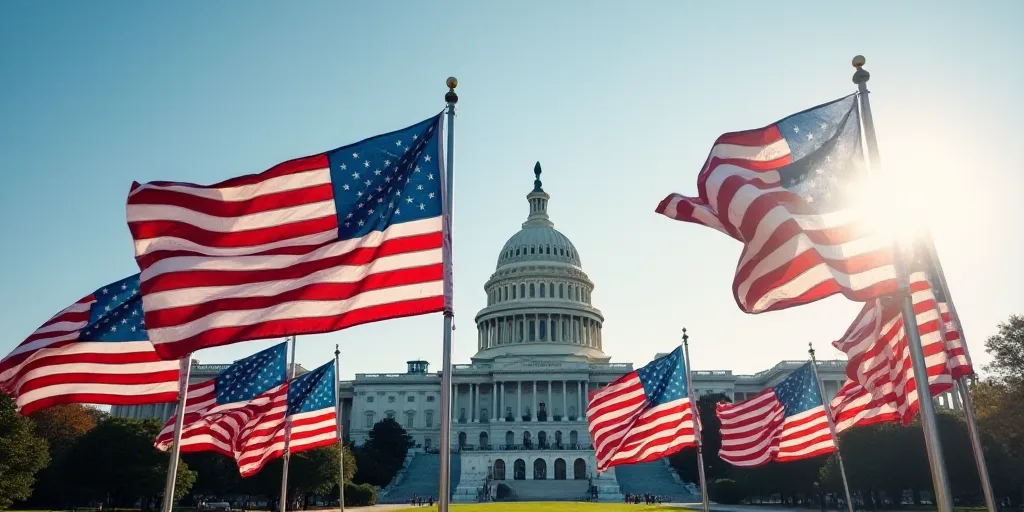 a group of american flags blowing in the wind in front of the capitol building in washington, dc, us