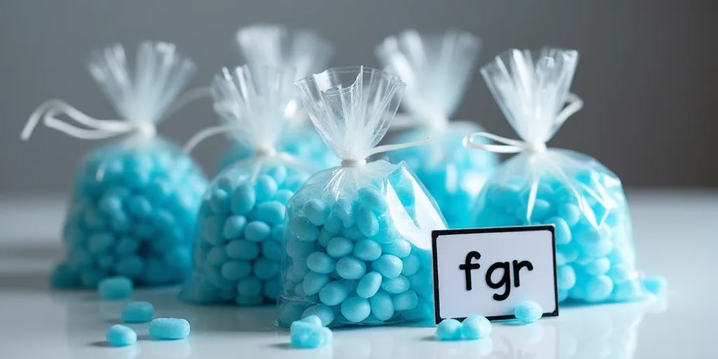 a group of bags of blue candy sitting on top of a table next to a sign that says fgr, Aquirax Uno, d