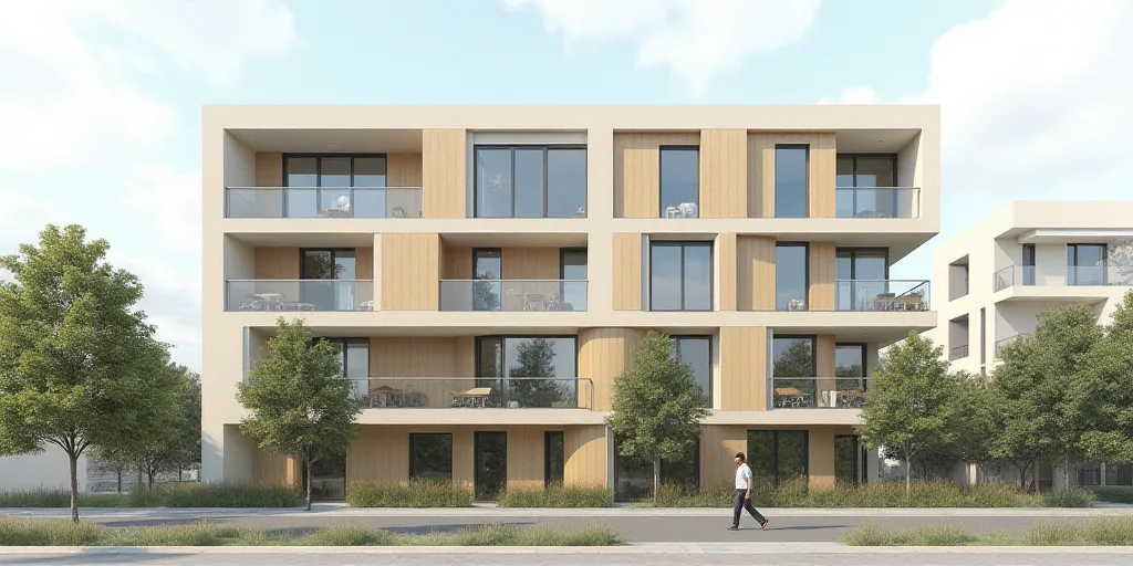 a group of buildings with a lot of windows on top of them and a man walking by them on the sidewalk,