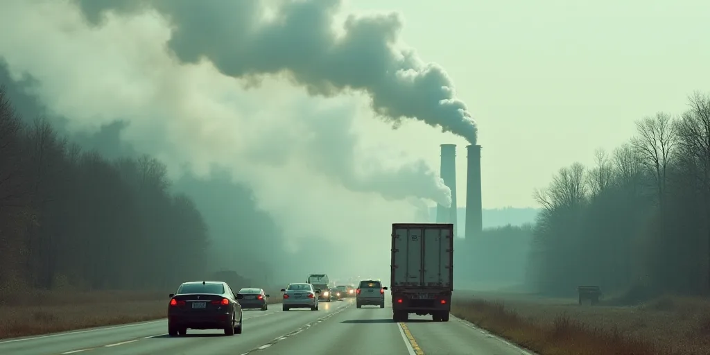 a group of cars driving down a highway with smoke coming out of the stacks of pipes behind them and