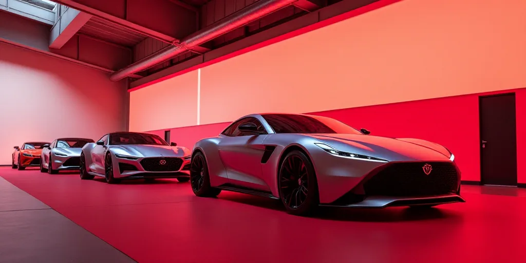 a group of cars that are sitting on a red carpeted floor in a building with a logo on the side, An G