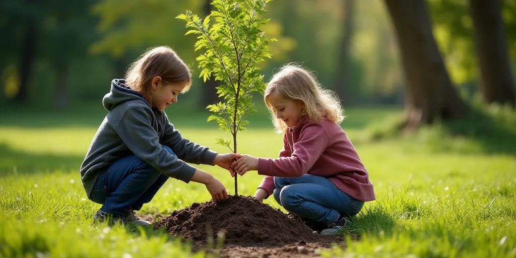 a group of children are planting a tree together in the grass and dirt area of a park area,, Ceferí