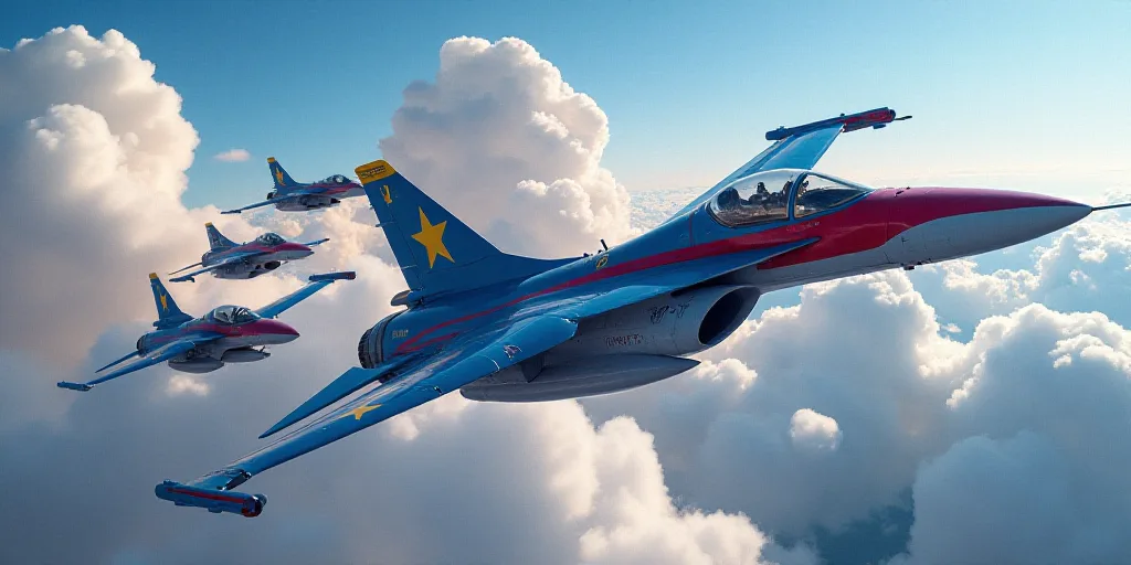 a group of fighter jets flying in formation over a flag with a sky background and clouds in the back