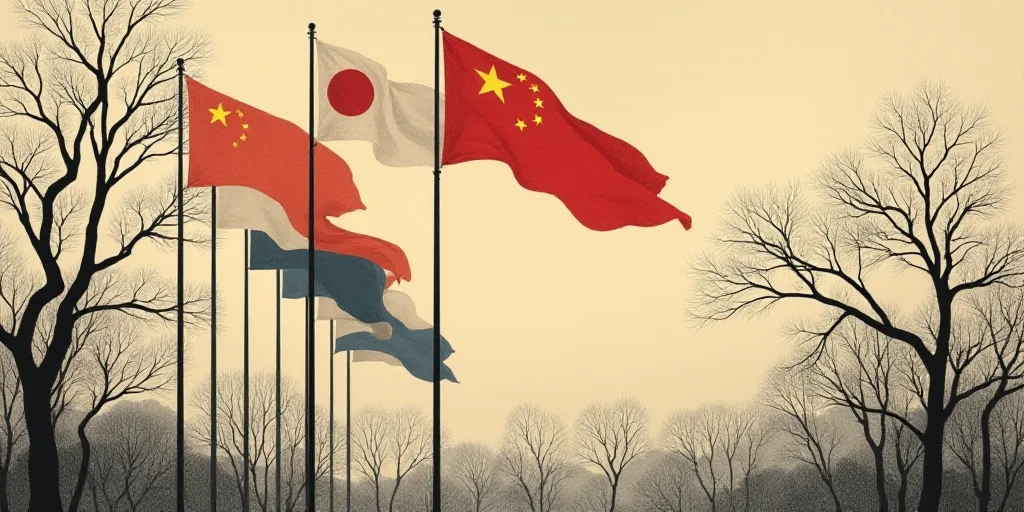 a group of flags flying next to each other on a pole in front of a tree filled sky with no leaves, D