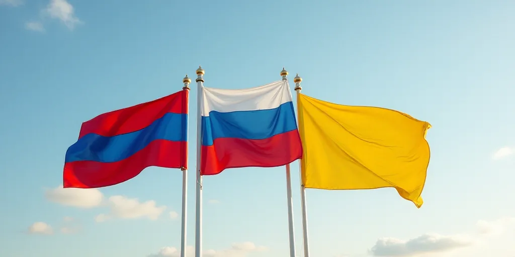 a group of flags with a sky background and a yellow one with a blue one with a red one, Andrey Yefim