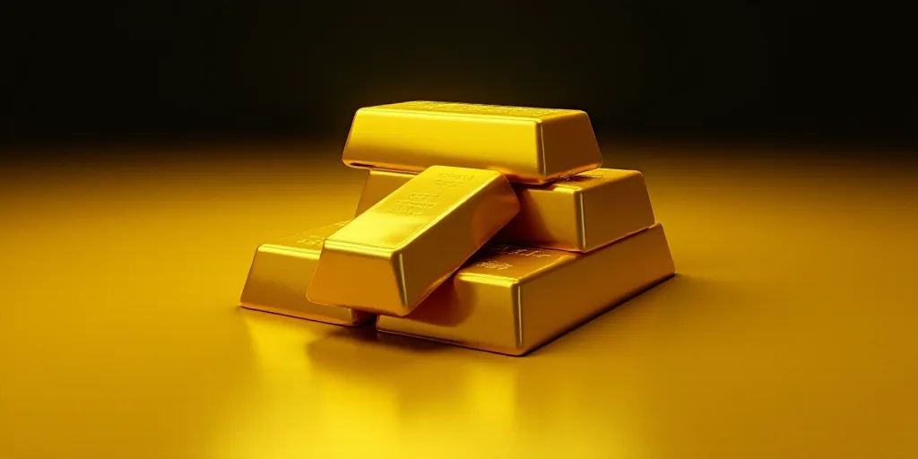 a group of gold bars sitting on top of each other in front of a yellow background with a black backg