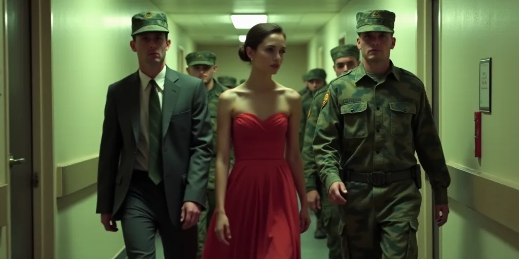 a group of men in camouflage uniforms walking down a hallway together with a woman in a red dress an