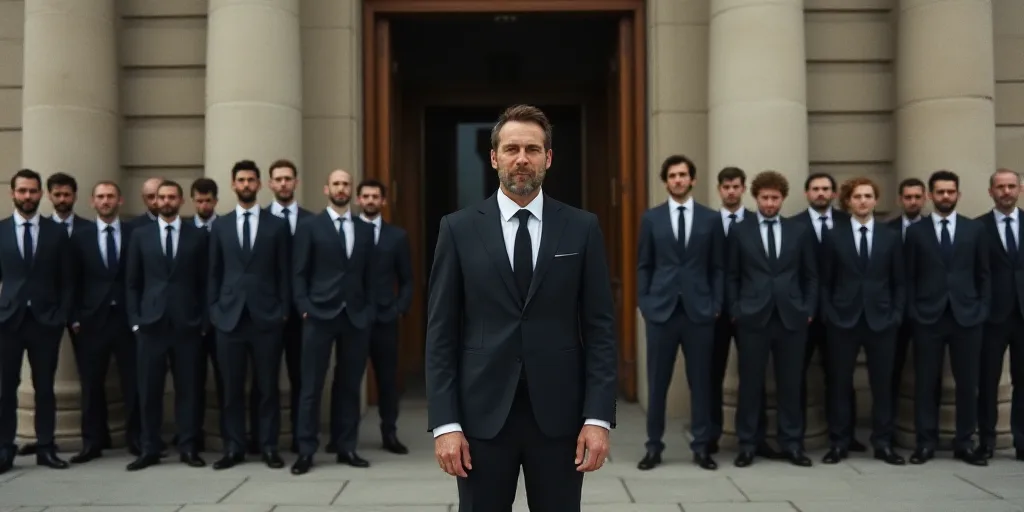a group of men in suits standing in front of a building with a door and a number of other men in sui