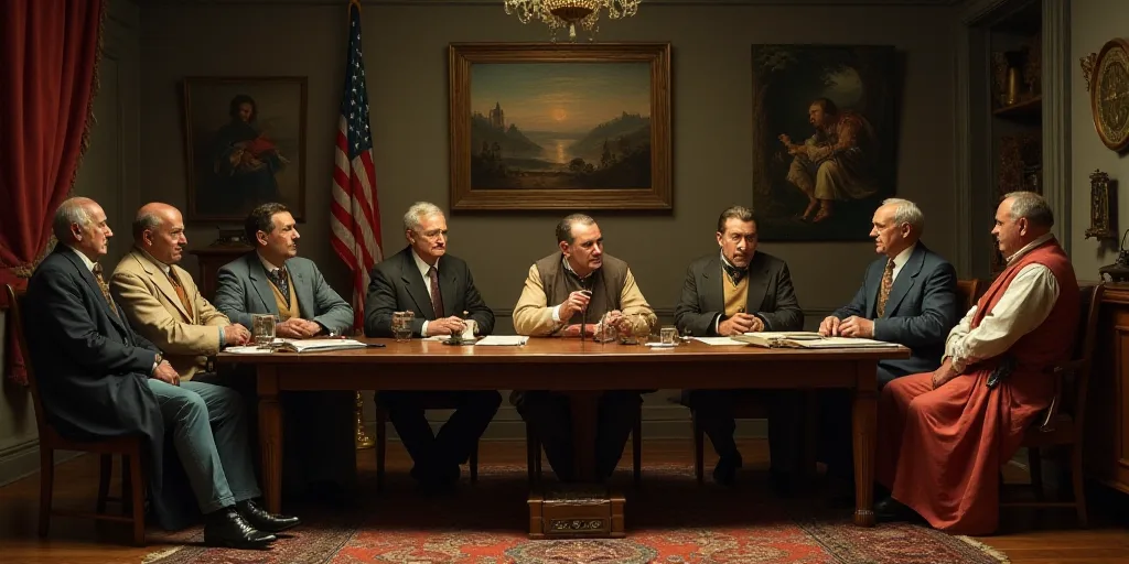 a group of men sitting around a table talking to each other in a room with flags and other items, Fe