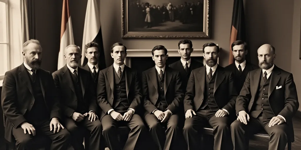 a group of men sitting next to each other in front of flags in a room with a fireplace and a paintin