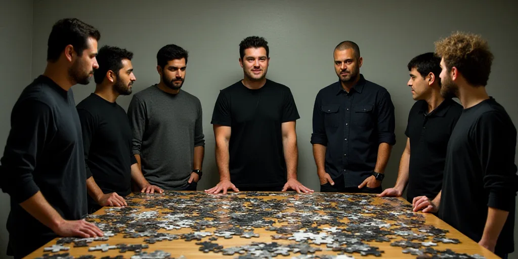 a group of men standing around a table with a bunch of items on it and a man in a black shirt, Estua