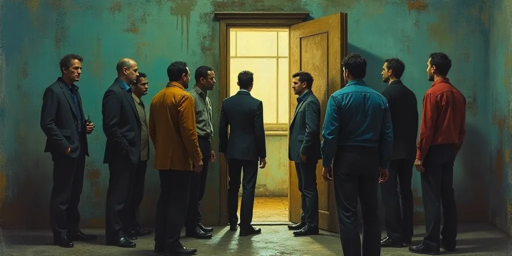 a group of men standing around each other talking to each other in front of a door with a glass wind