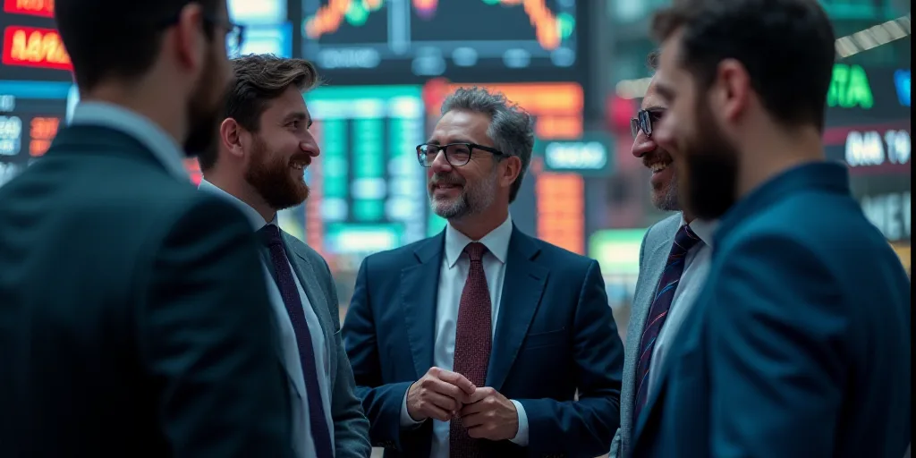 a group of men standing around a stock market talking to each other and smiling at each other's comp