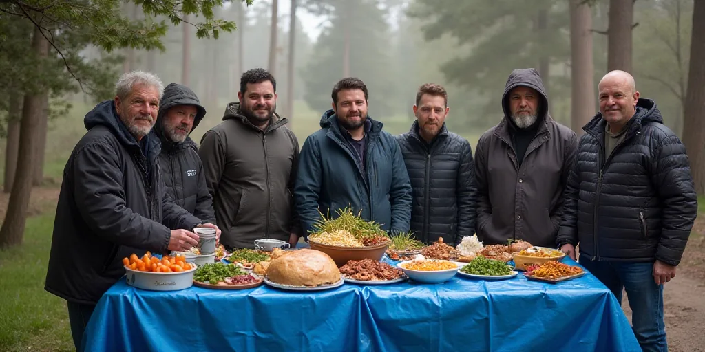 a group of men standing around a table with food on it and a blue tarp covering the table, Ceferí O