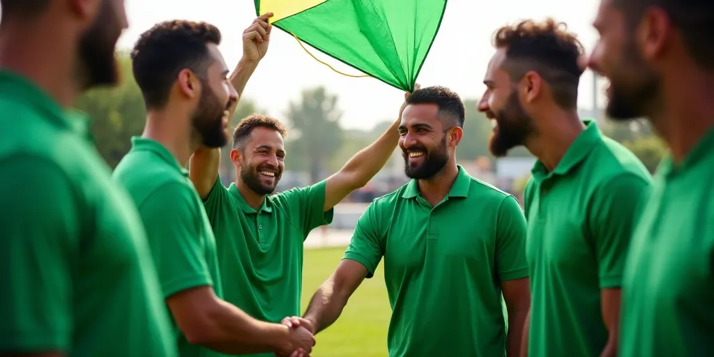 a group of men standing around each other holding a kite in their hands and smiling at each other's