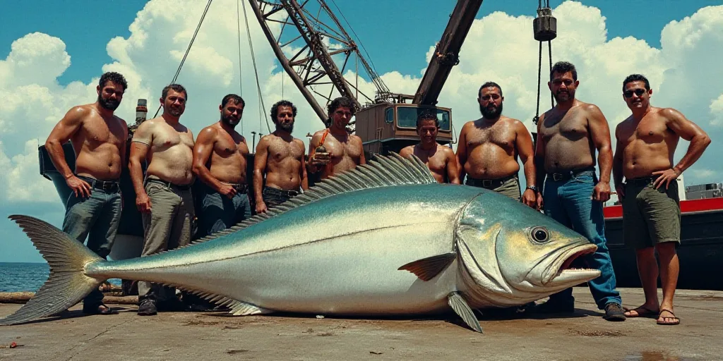 a group of men standing around a large fish on a dock next to a boat and a crane in the background,