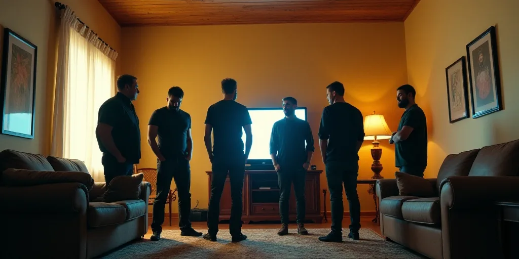 a group of men standing in a living room next to a couch and a table with a tv on it, Carlos Catasse