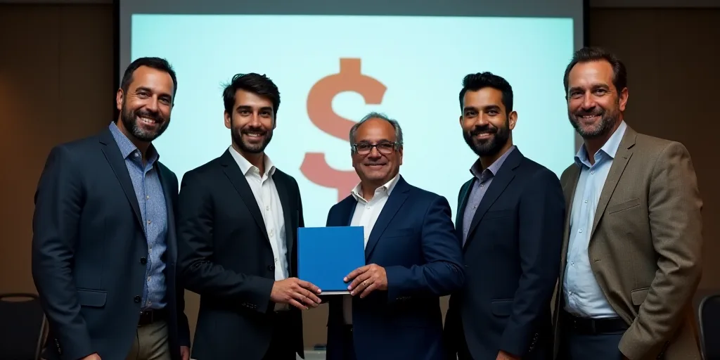 a group of men standing next to each other holding a blue book in front of a screen with a logo on i