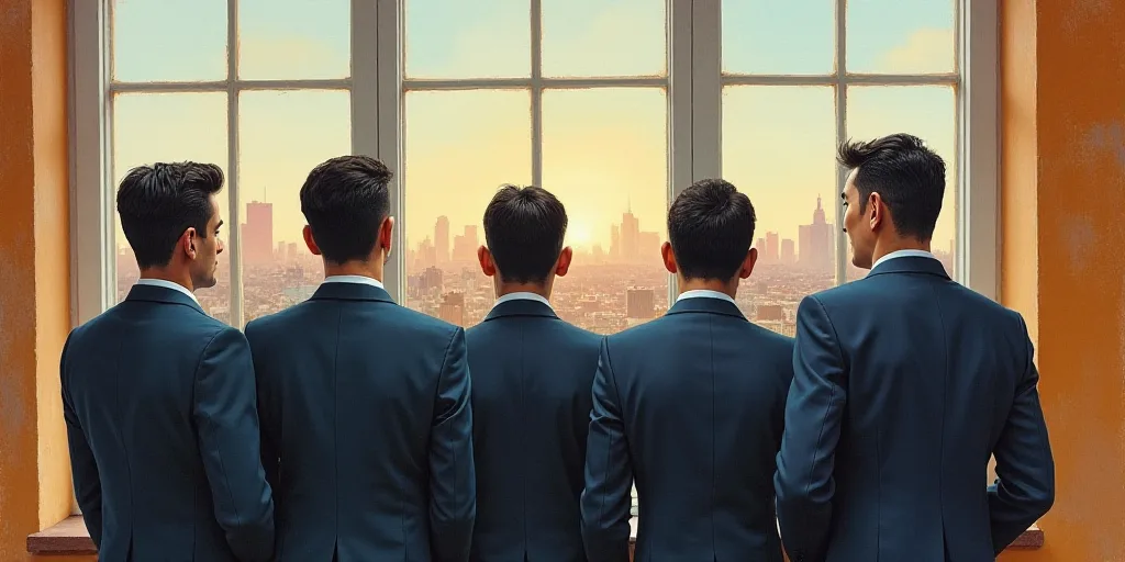 a group of men standing next to each other in front of a window with a view of a city, Carlos Franci