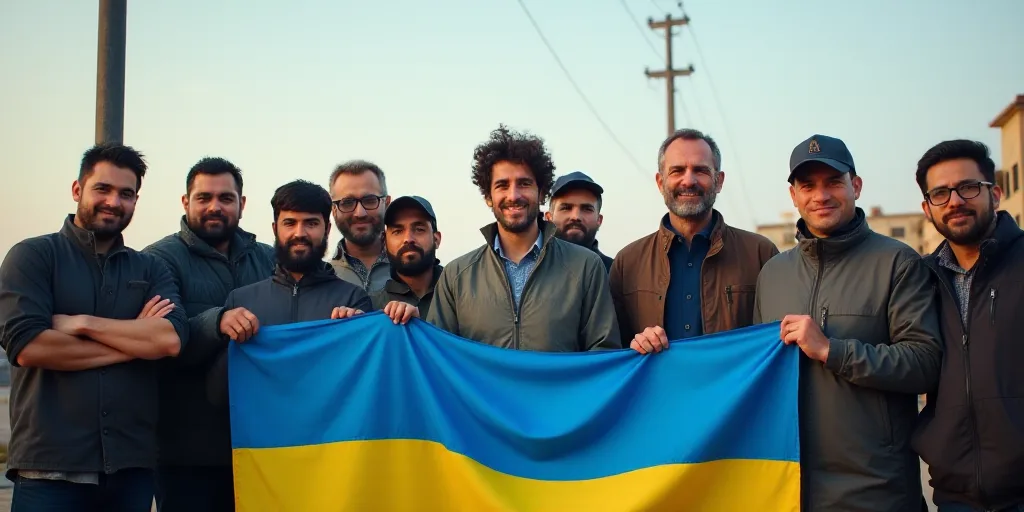 a group of men standing next to each other holding a blue and yellow flag and a tall pole in the bac