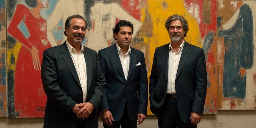 a group of men standing next to each other in front of paintings and paintings on a wall behind them