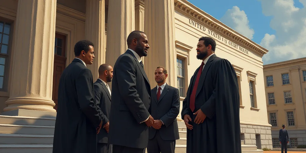 a group of men standing outside of a building with a sign that says united states court house on it,
