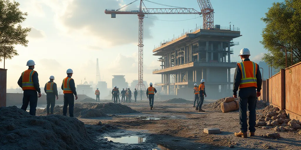 a group of men working on a construction site with a crane in the background and a building under co