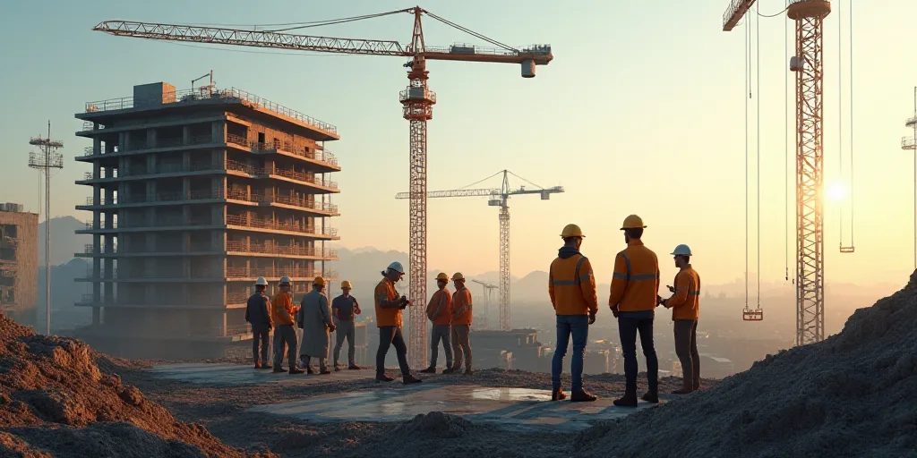 a group of men working on a construction site with a crane in the background and a building under co