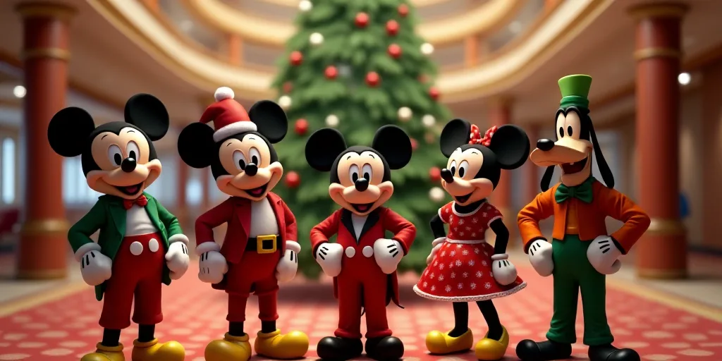 a group of mickey mouse and goofy mouse characters standing in front of a christmas tree in a lobby